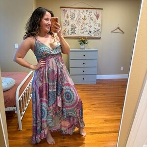 Gold & Silver Paris Pink Blue Paisley Floral Maxi Dress Medium